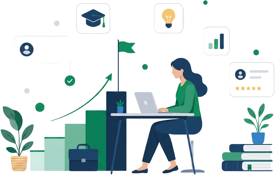 Illustration of a woman working at a laptop beside a rising growth chart, certificates and skill cards
